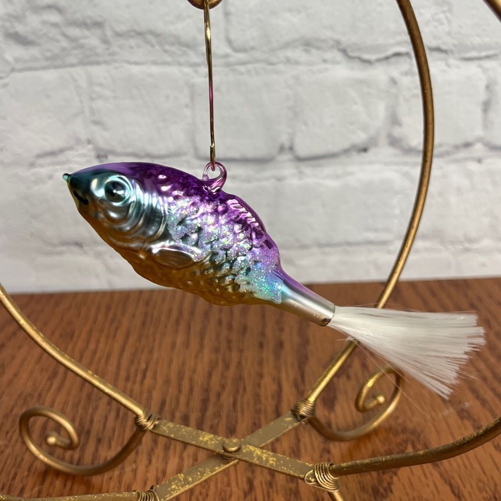 Vintage Antique Blown Glass Fish Christmas Ornament w/ Spun Glass Tail Tri-Color